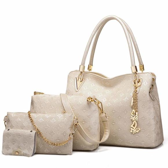 Pu Ladies Handbag Purse Tote Satchel Shoulder Bag Tassel Print 4Pcs Set :] - Picture 1 of 6